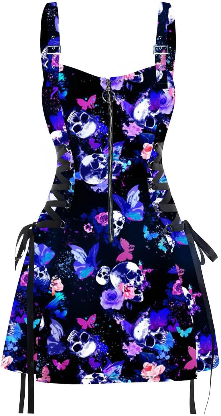 DRESSFO Women's Galaxy Butterfly Skull Mushroom Print Lace Up Mini Dress Half Zipper Adjustable Buckle Strap Dress