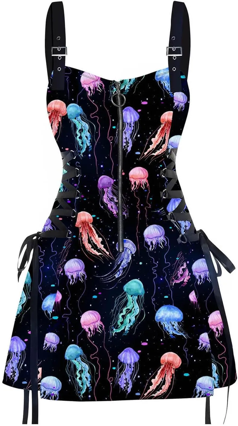 DRESSFO Women's Galaxy Butterfly Skull Mushroom Print Lace Up Mini Dress Half Zipper Adjustable Buckle Strap Dress