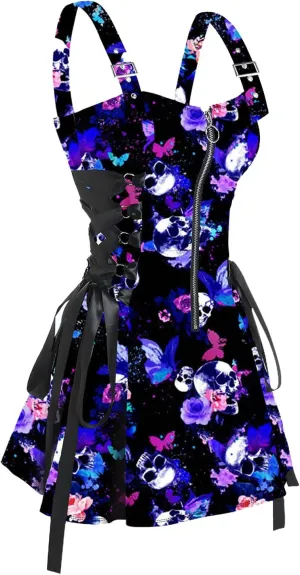 DRESSFO Women's Galaxy Butterfly Skull Mushroom Print Lace Up Mini Dress Half Zipper Adjustable Buckle Strap Dress