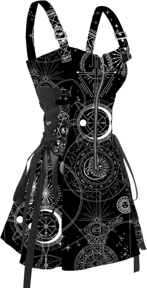 DRESSFO Women's Galaxy Butterfly Skull Mushroom Print Lace Up Mini Dress Half Zipper Adjustable Buckle Strap Dress