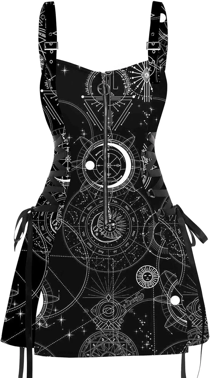 DRESSFO Women's Galaxy Butterfly Skull Mushroom Print Lace Up Mini Dress Half Zipper Adjustable Buckle Strap Dress