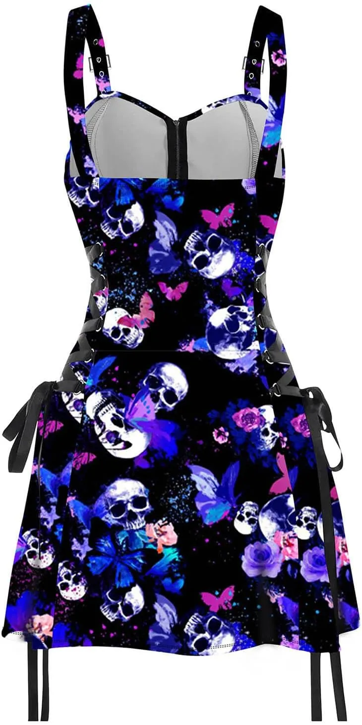 DRESSFO Women's Galaxy Butterfly Skull Mushroom Print Lace Up Mini Dress Half Zipper Adjustable Buckle Strap Dress