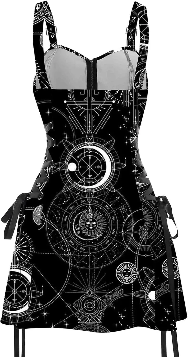 DRESSFO Women's Galaxy Butterfly Skull Mushroom Print Lace Up Mini Dress Half Zipper Adjustable Buckle Strap Dress