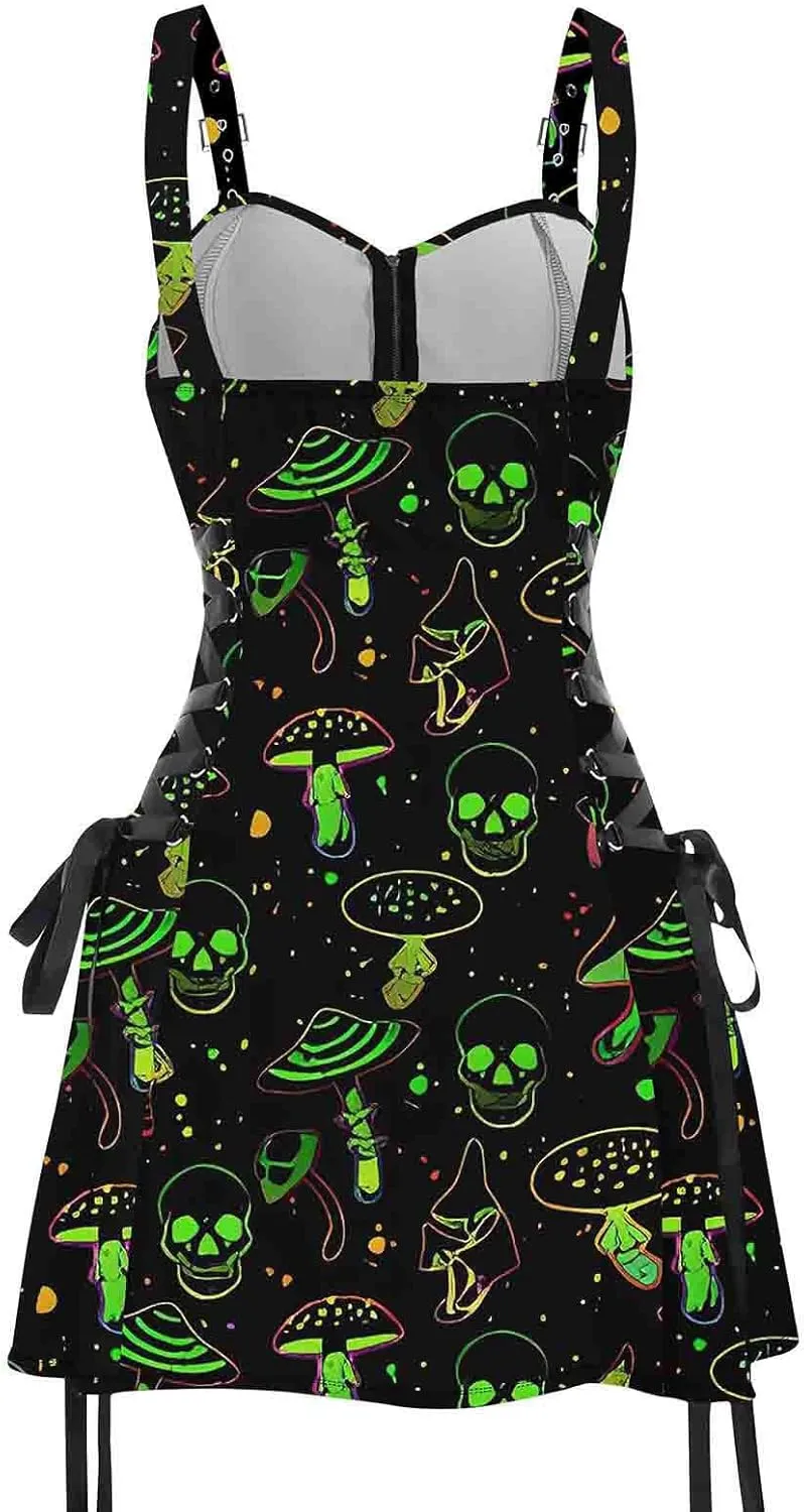 DRESSFO Women's Galaxy Butterfly Skull Mushroom Print Lace Up Mini Dress Half Zipper Adjustable Buckle Strap Dress