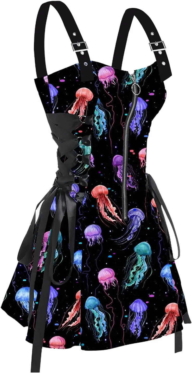 DRESSFO Women's Galaxy Butterfly Skull Mushroom Print Lace Up Mini Dress Half Zipper Adjustable Buckle Strap Dress