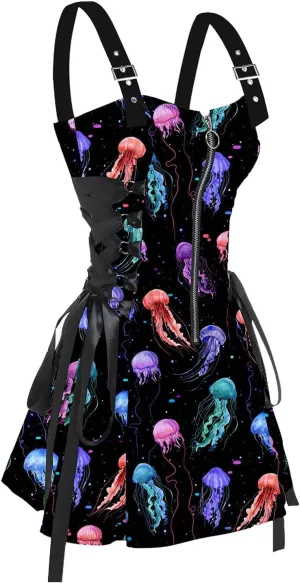 DRESSFO Women's Galaxy Butterfly Skull Mushroom Print Lace Up Mini Dress Half Zipper Adjustable Buckle Strap Dress