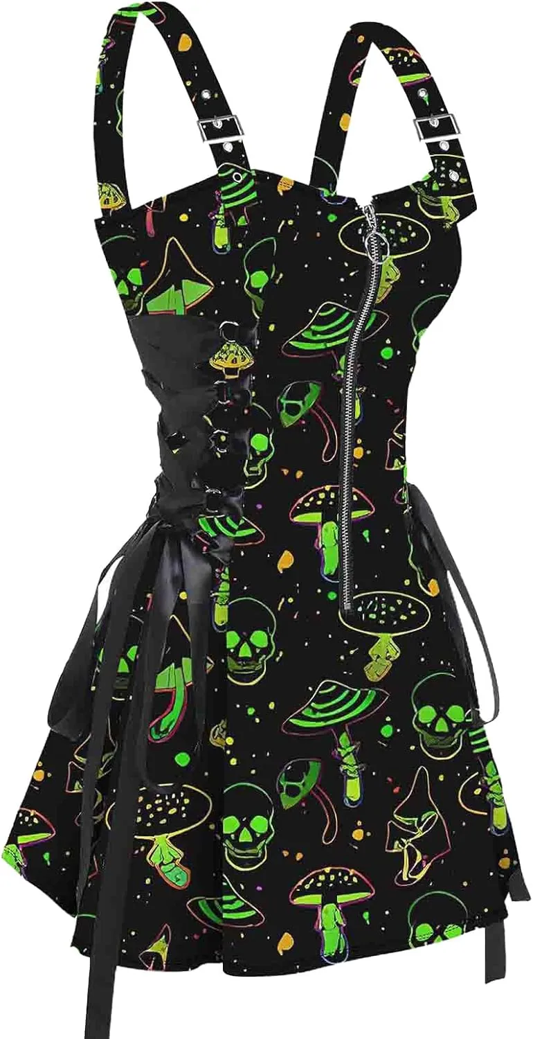 DRESSFO Women's Galaxy Butterfly Skull Mushroom Print Lace Up Mini Dress Half Zipper Adjustable Buckle Strap Dress