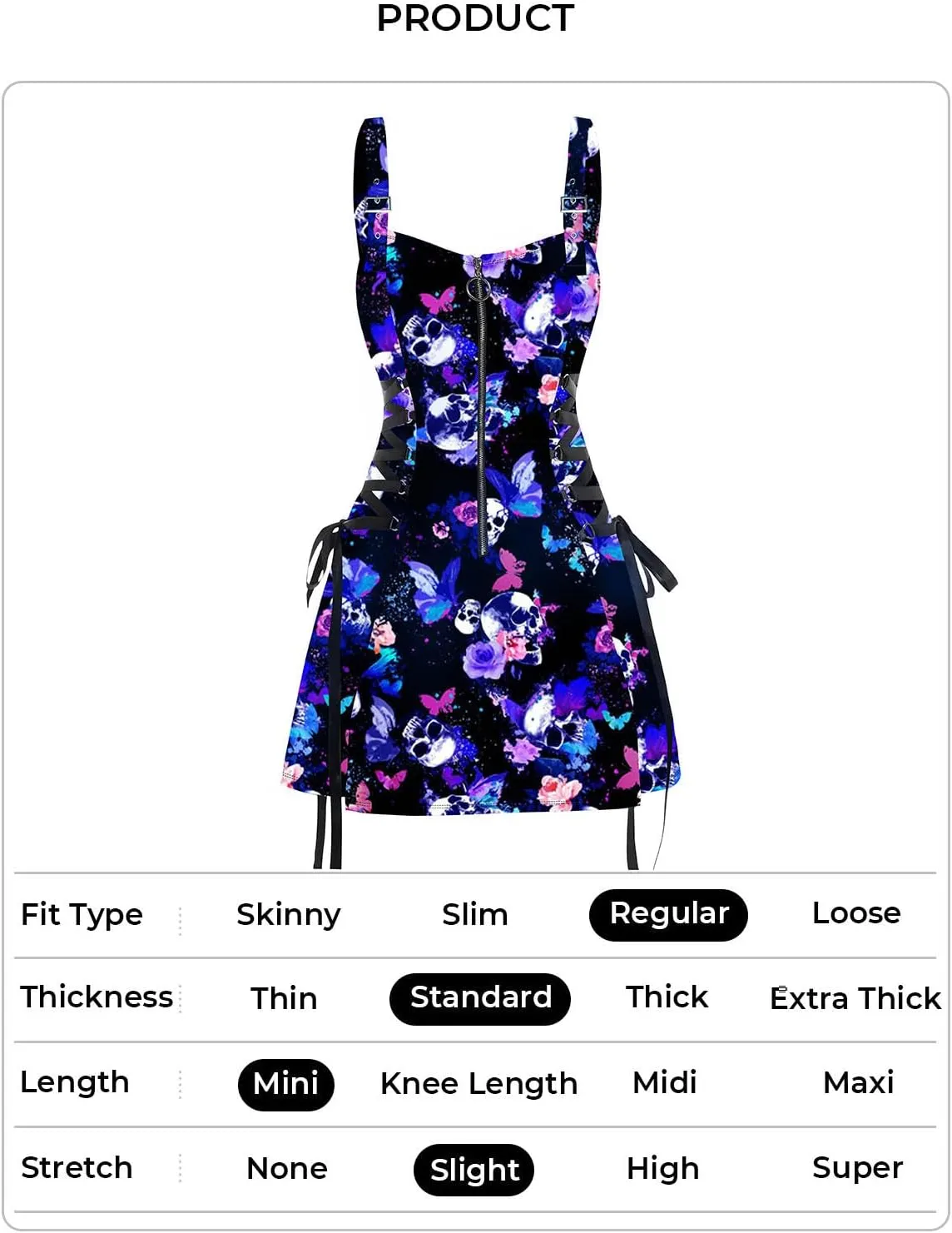 DRESSFO Women's Galaxy Butterfly Skull Mushroom Print Lace Up Mini Dress Half Zipper Adjustable Buckle Strap Dress
