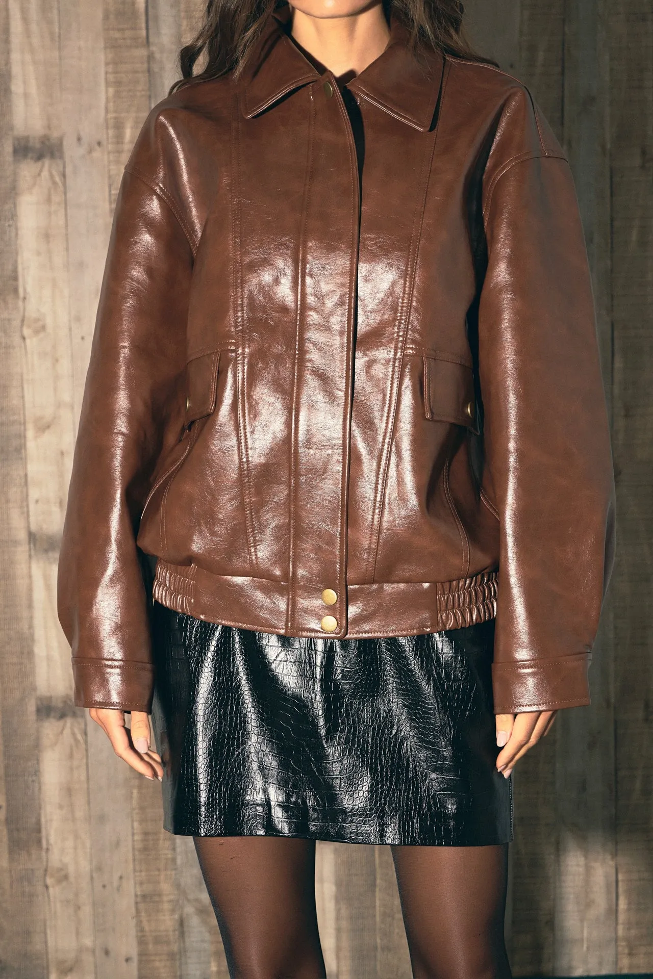 Faux Leather Collared Jacket