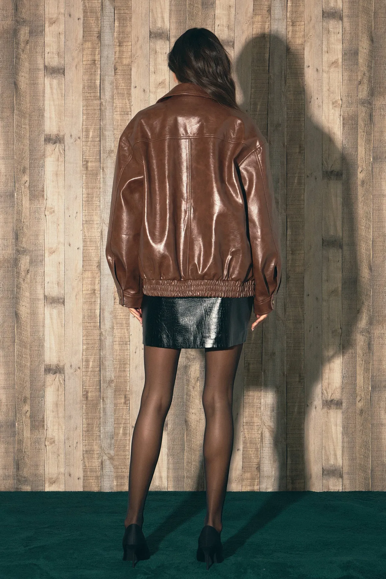 Faux Leather Collared Jacket