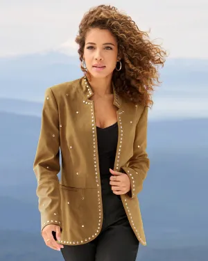 Faux Suede Studded Utility Jacket Cognac