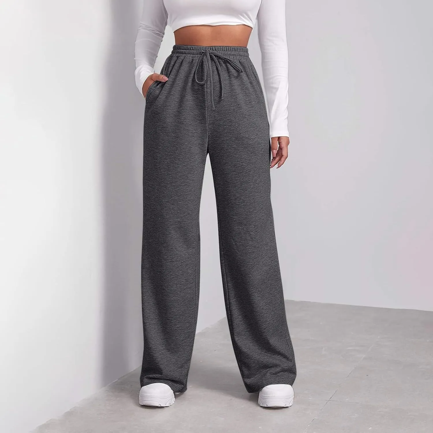 Fleece Lined Sweatpants Women Multi Pocket High Waist Cinch Bottom Jogger Pants Boyfriend Basic Cozy Cargo Sweat Pants