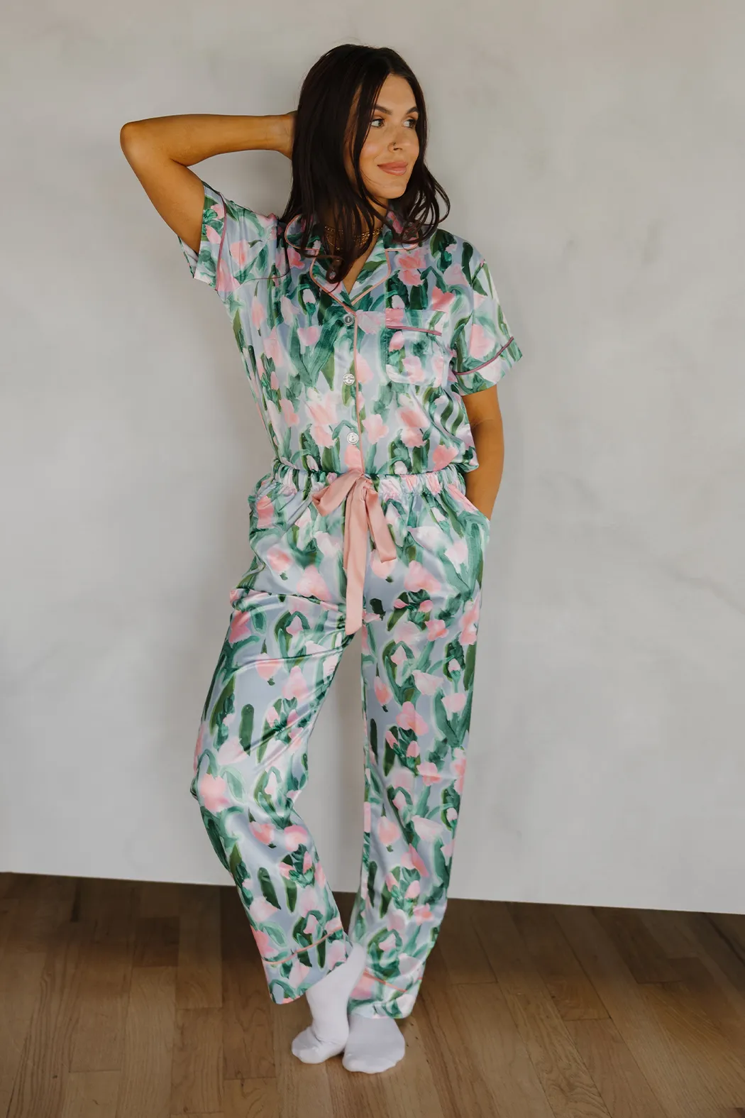 Fluid Tulips Satin Pajamas Pants Set with Ribbon tie