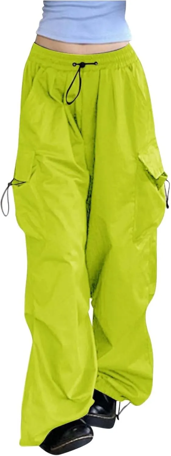 Girls&Womens High Waist Parachute Pants Cargo Trousers with Pockets Loose Baggy Hiking Pants Adjustable