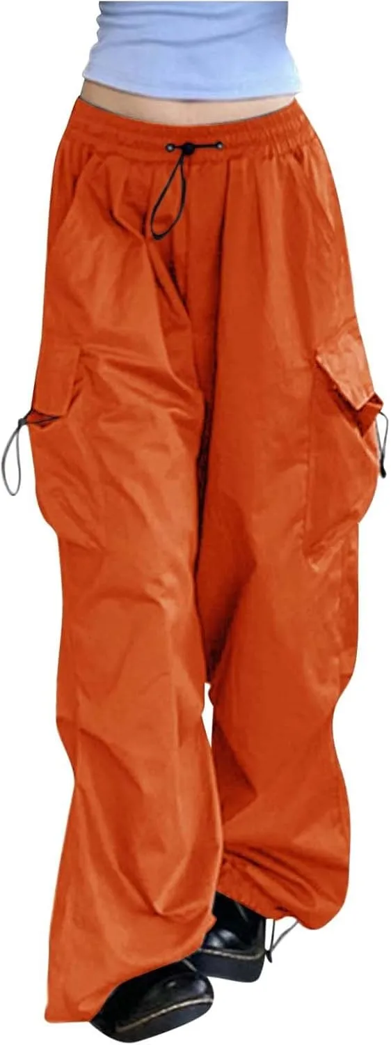 Girls&Womens High Waist Parachute Pants Cargo Trousers with Pockets Loose Baggy Hiking Pants Adjustable