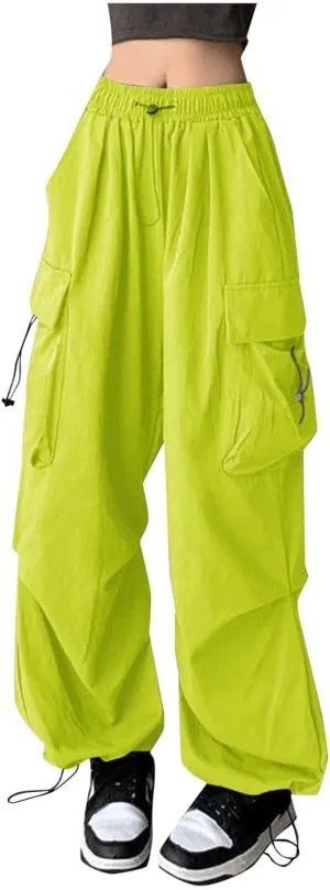 Girls&Womens High Waist Parachute Pants Cargo Trousers with Pockets Loose Baggy Hiking Pants Adjustable