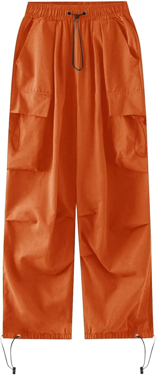 Girls&Womens High Waist Parachute Pants Cargo Trousers with Pockets Loose Baggy Hiking Pants Adjustable