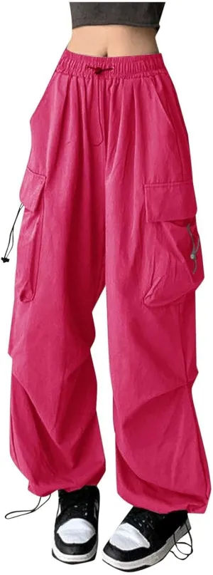Girls&Womens High Waist Parachute Pants Cargo Trousers with Pockets Loose Baggy Hiking Pants Adjustable