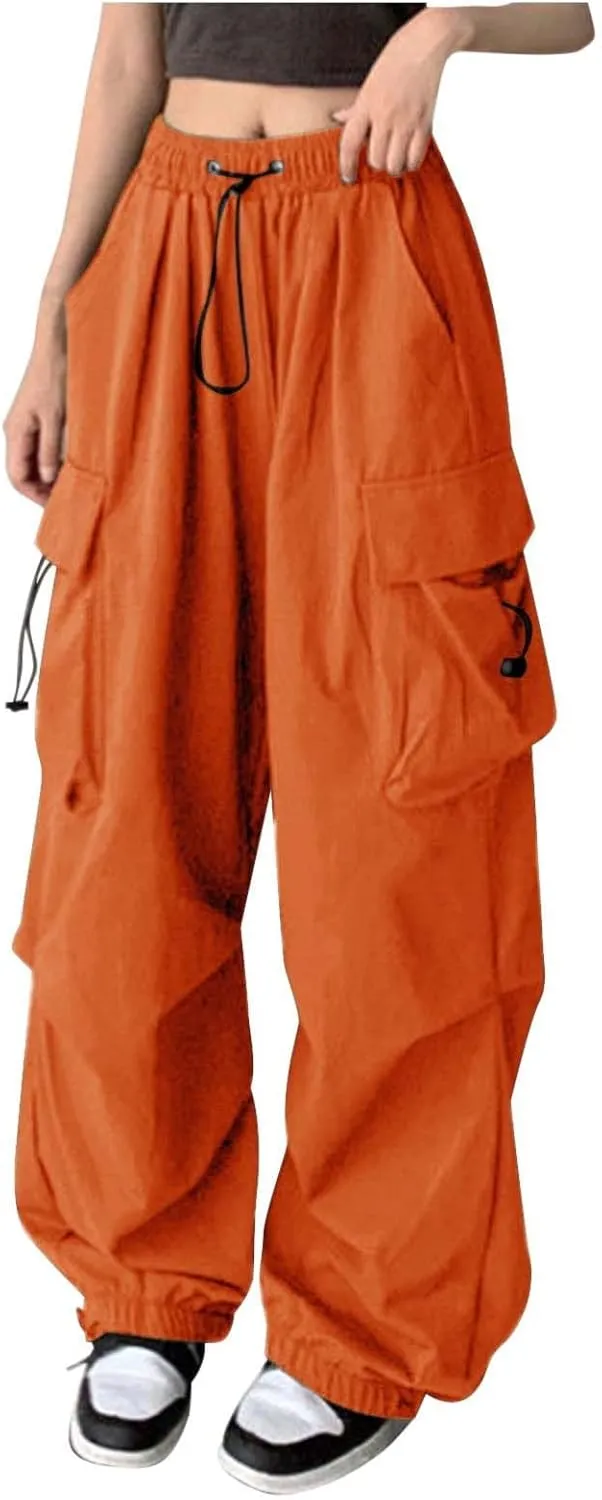 Girls&Womens High Waist Parachute Pants Cargo Trousers with Pockets Loose Baggy Hiking Pants Adjustable