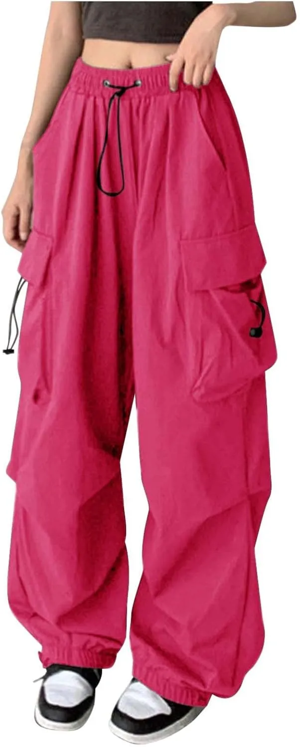 Girls&Womens High Waist Parachute Pants Cargo Trousers with Pockets Loose Baggy Hiking Pants Adjustable