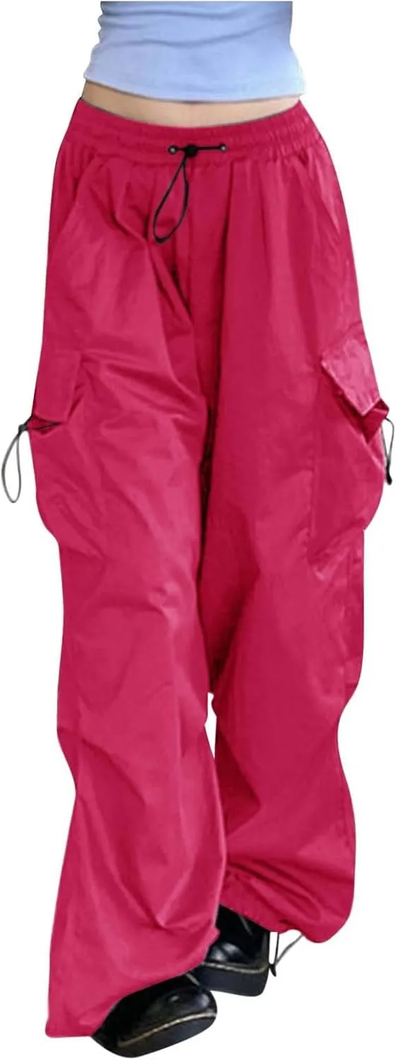 Girls&Womens High Waist Parachute Pants Cargo Trousers with Pockets Loose Baggy Hiking Pants Adjustable