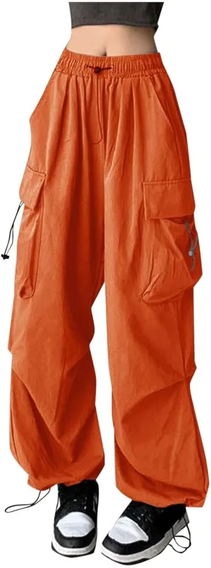 Girls&Womens High Waist Parachute Pants Cargo Trousers with Pockets Loose Baggy Hiking Pants Adjustable