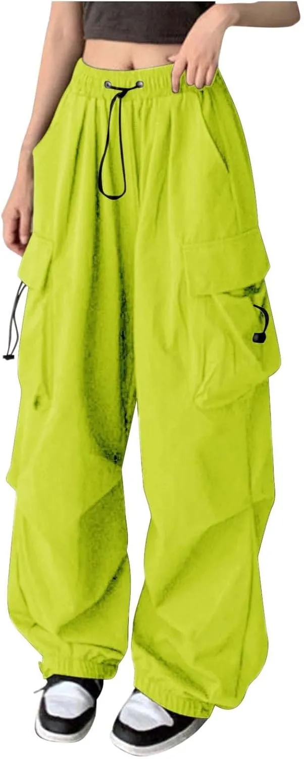 Girls&Womens High Waist Parachute Pants Cargo Trousers with Pockets Loose Baggy Hiking Pants Adjustable