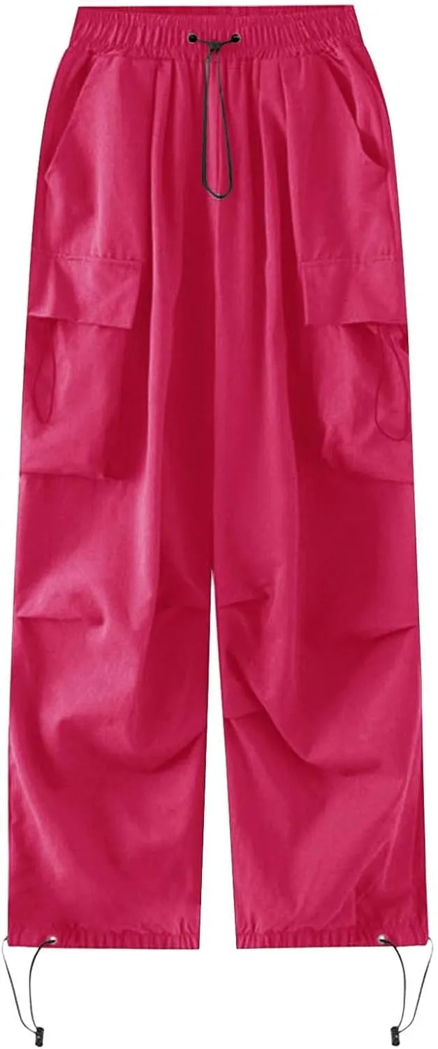 Girls&Womens High Waist Parachute Pants Cargo Trousers with Pockets Loose Baggy Hiking Pants Adjustable