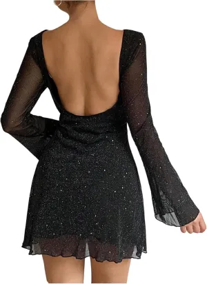 GORGLITTER Women's Sparkly Mesh Mini Dress Bell Sleeve Open Back Sheer Party Dresses