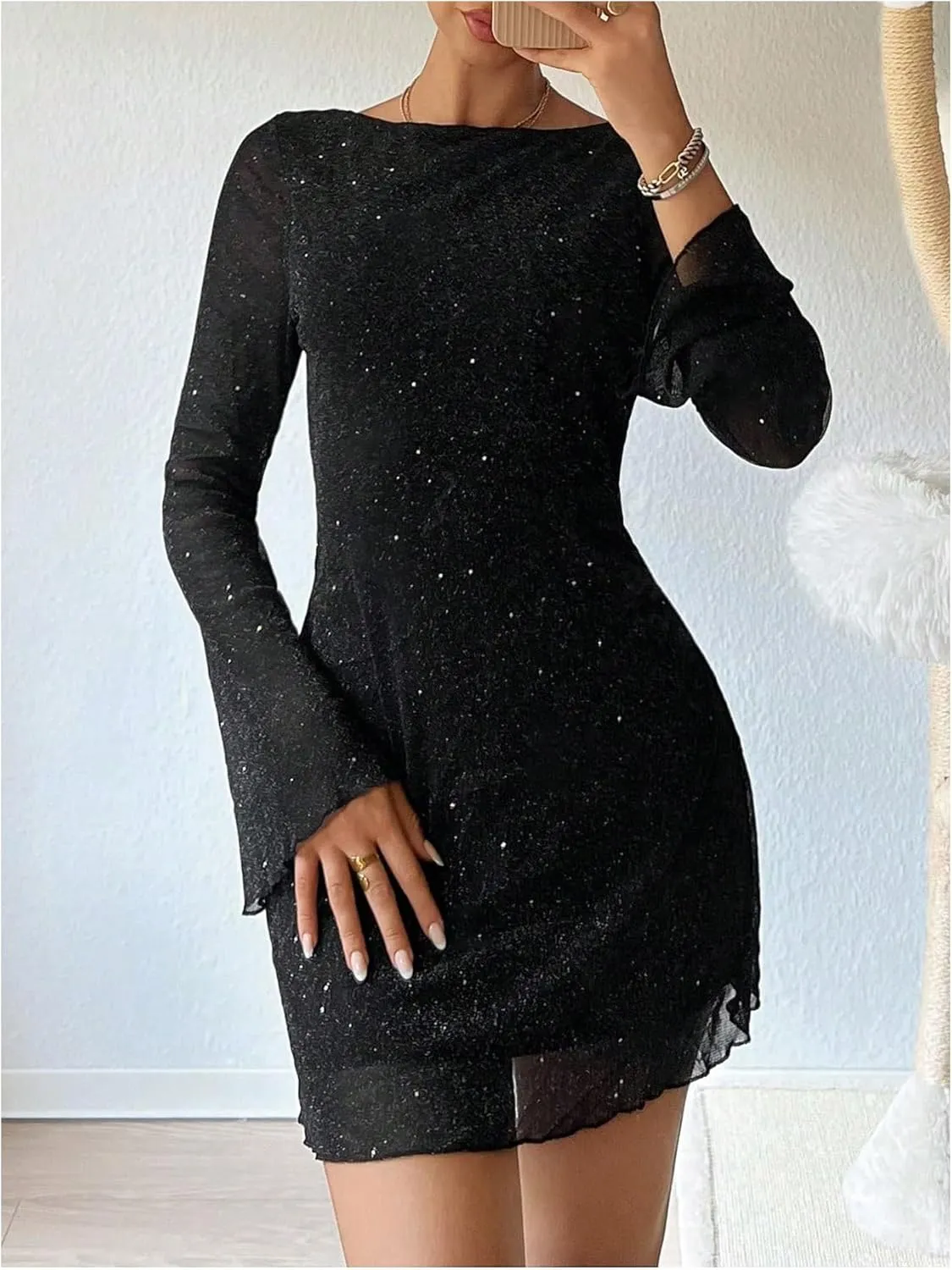 GORGLITTER Women's Sparkly Mesh Mini Dress Bell Sleeve Open Back Sheer Party Dresses