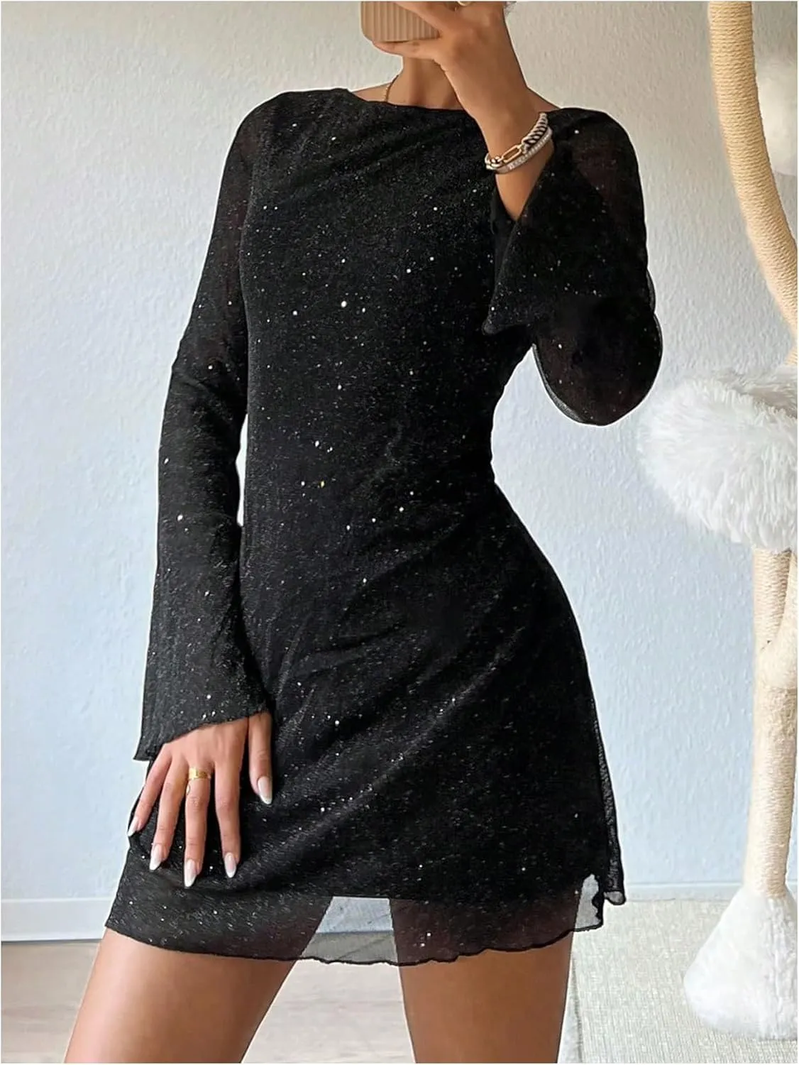 GORGLITTER Women's Sparkly Mesh Mini Dress Bell Sleeve Open Back Sheer Party Dresses