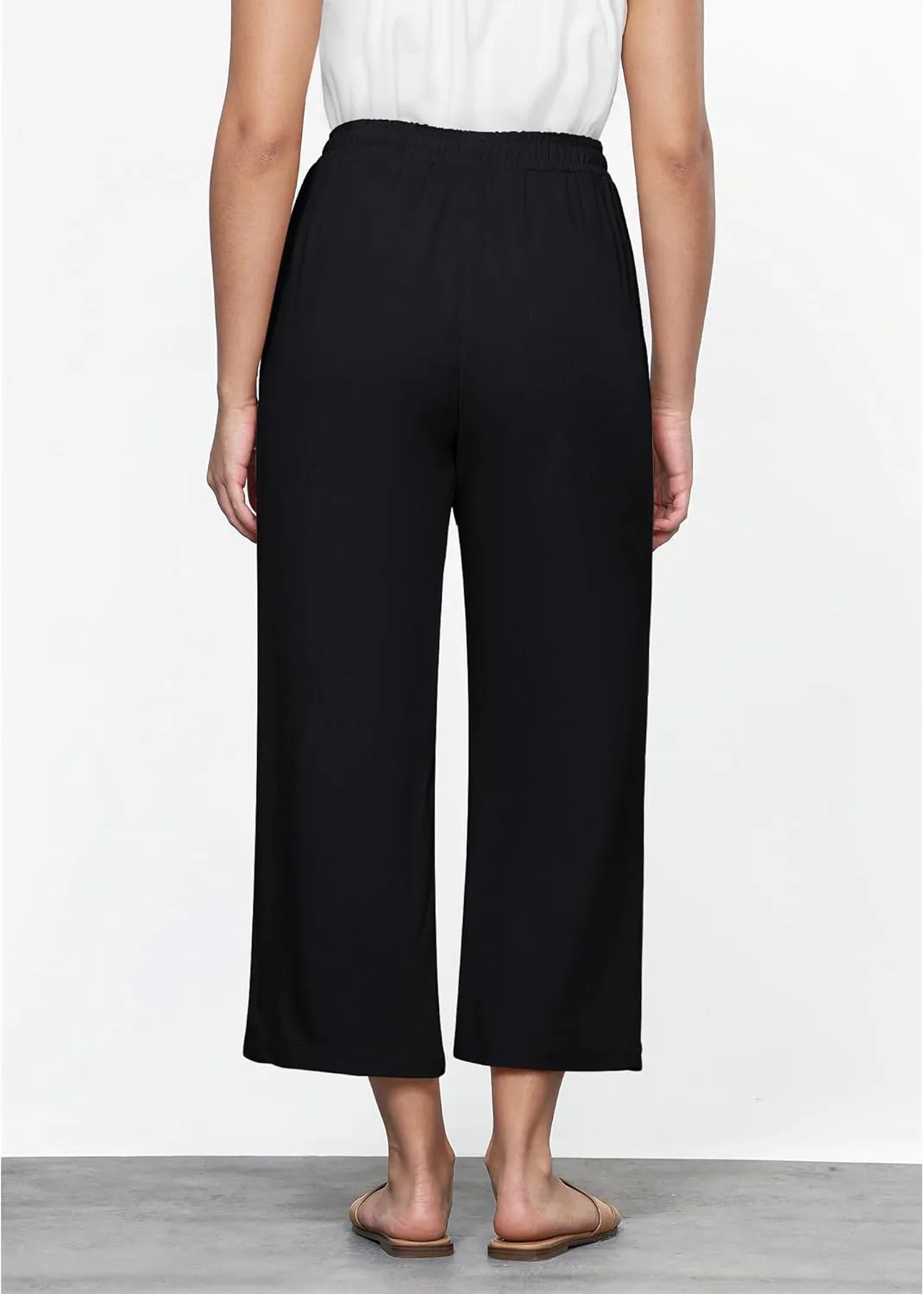 GRAPENT Linen Pants for Women High Waisted Wide Leg Capri Elastic Waist Casual Beach Flowy Cropped Summer Capris Pants