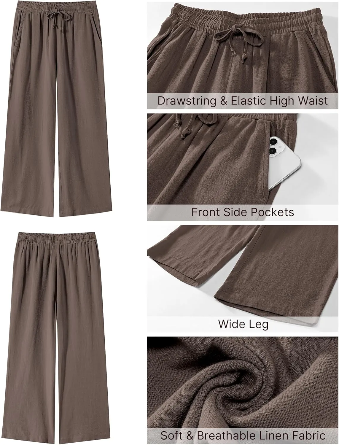 GRAPENT Linen Pants for Women High Waisted Wide Leg Capri Elastic Waist Casual Beach Flowy Cropped Summer Capris Pants