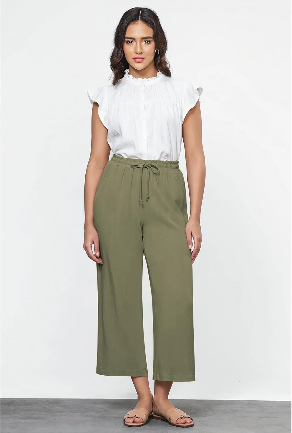 GRAPENT Linen Pants for Women High Waisted Wide Leg Capri Elastic Waist Casual Beach Flowy Cropped Summer Capris Pants