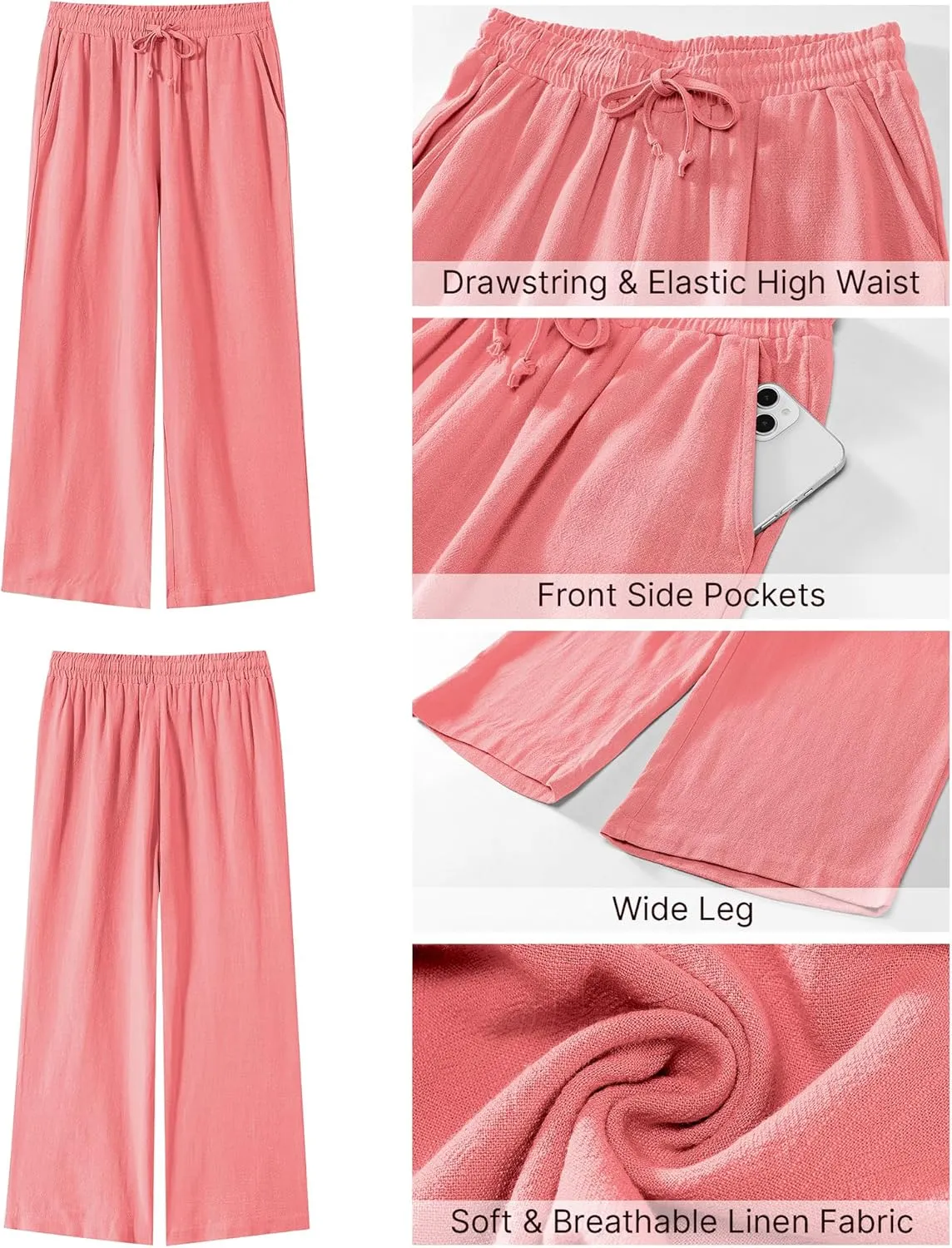 GRAPENT Linen Pants for Women High Waisted Wide Leg Capri Elastic Waist Casual Beach Flowy Cropped Summer Capris Pants