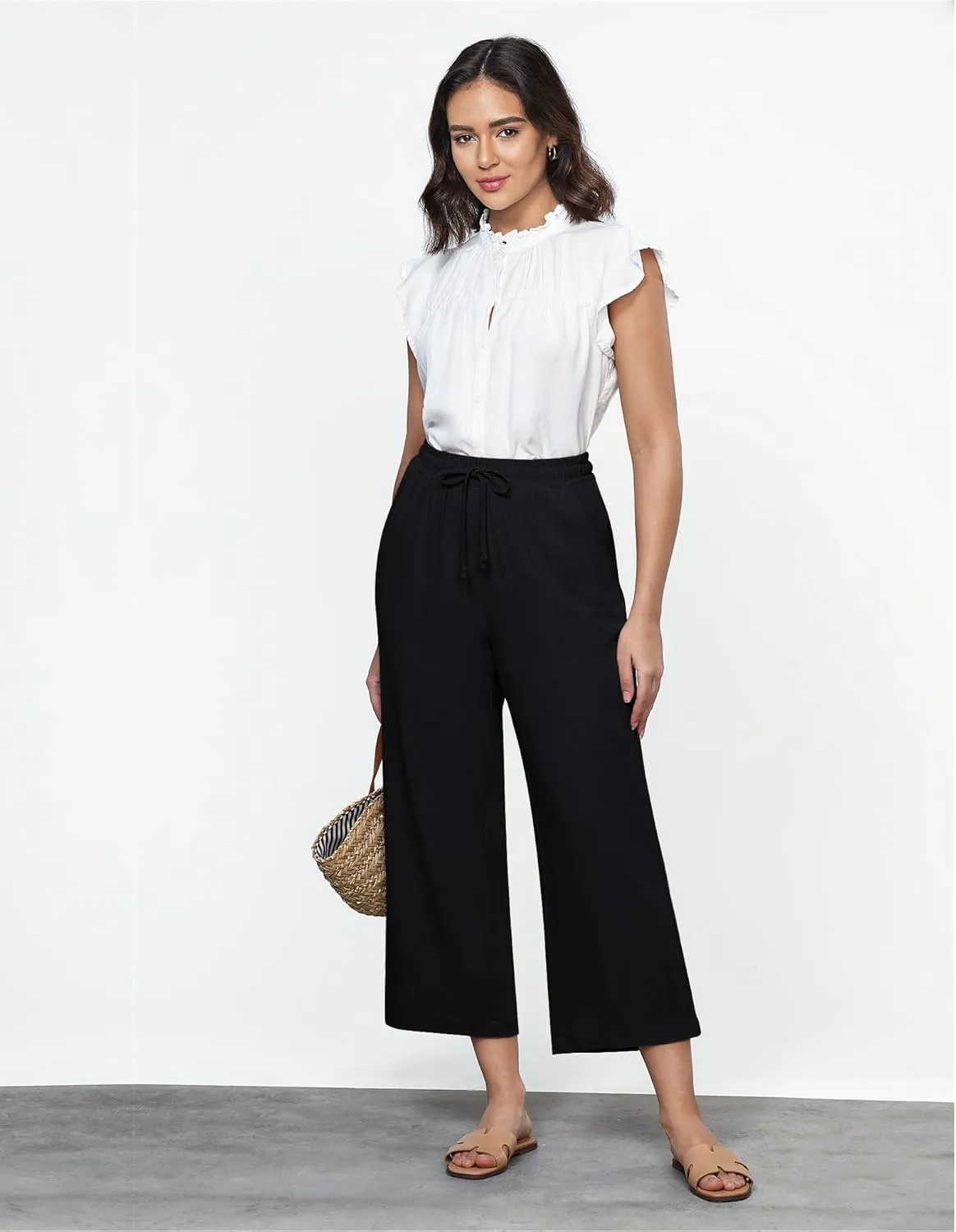 GRAPENT Linen Pants for Women High Waisted Wide Leg Capri Elastic Waist Casual Beach Flowy Cropped Summer Capris Pants