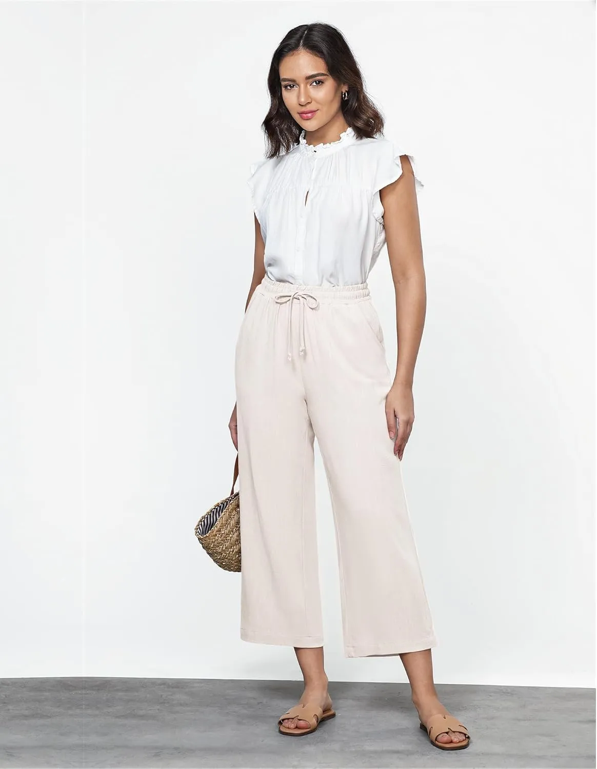 GRAPENT Linen Pants for Women High Waisted Wide Leg Capri Elastic Waist Casual Beach Flowy Cropped Summer Capris Pants