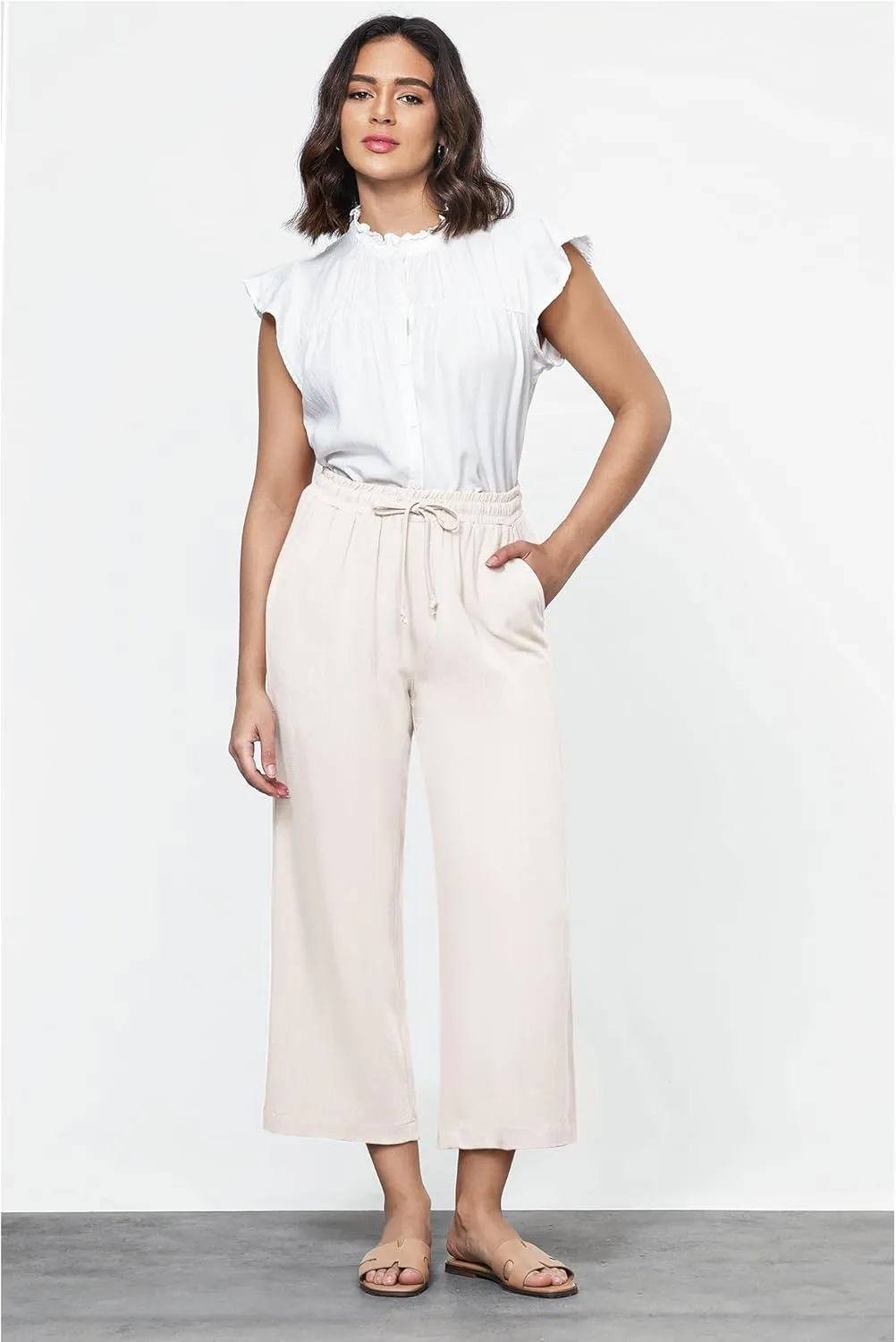 GRAPENT Linen Pants for Women High Waisted Wide Leg Capri Elastic Waist Casual Beach Flowy Cropped Summer Capris Pants