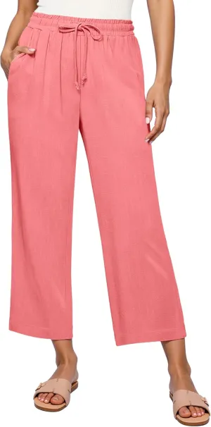 GRAPENT Linen Pants for Women High Waisted Wide Leg Capri Elastic Waist Casual Beach Flowy Cropped Summer Capris Pants