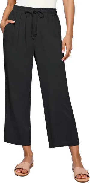 GRAPENT Linen Pants for Women High Waisted Wide Leg Capri Elastic Waist Casual Beach Flowy Cropped Summer Capris Pants
