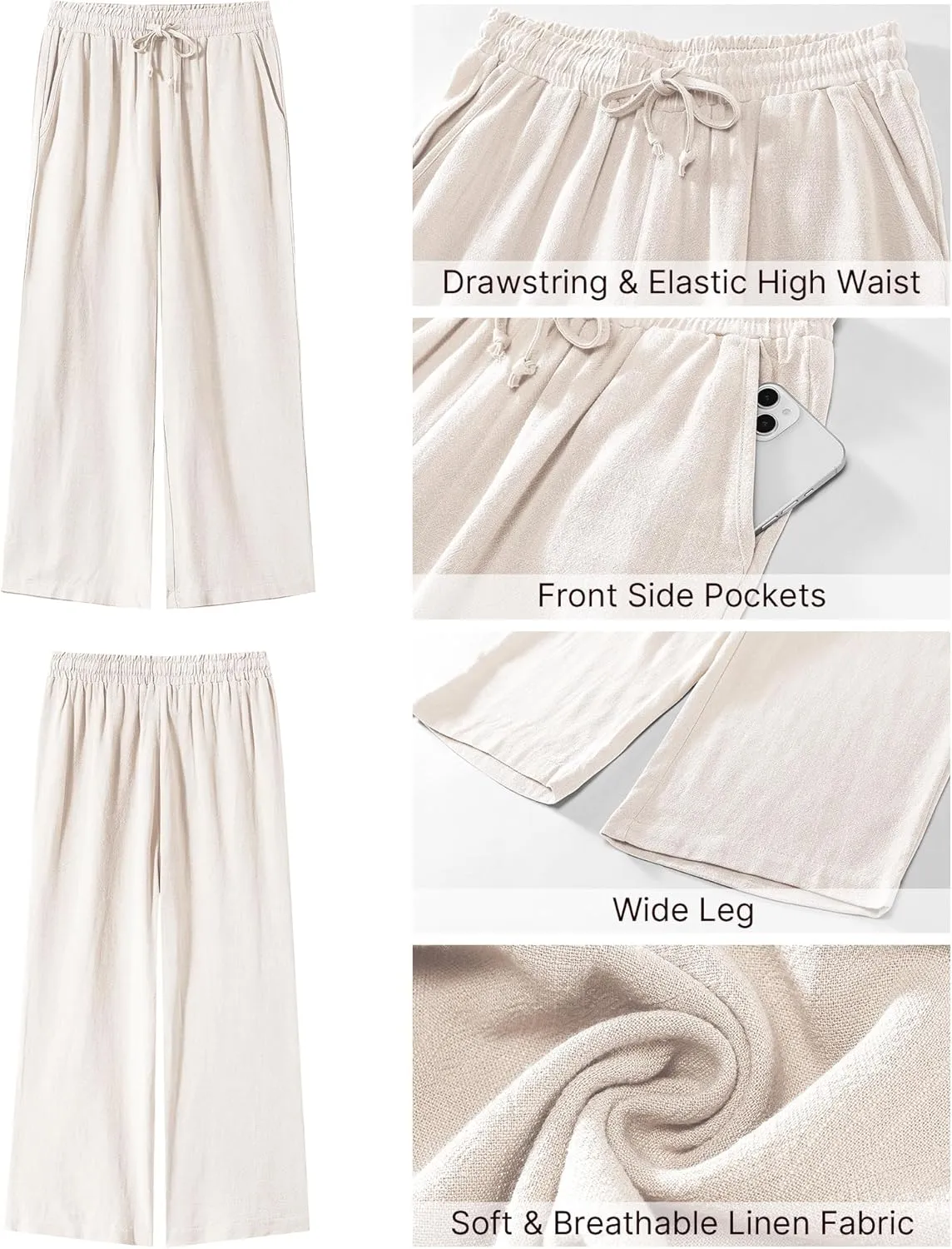 GRAPENT Linen Pants for Women High Waisted Wide Leg Capri Elastic Waist Casual Beach Flowy Cropped Summer Capris Pants