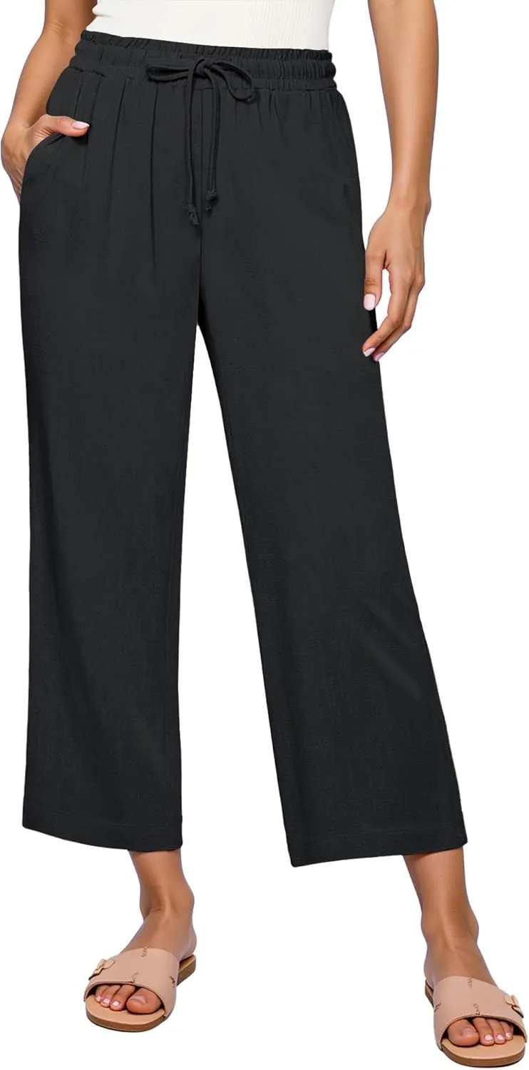 GRAPENT Linen Pants for Women High Waisted Wide Leg Capri Elastic Waist Casual Beach Flowy Cropped Summer Capris Pants