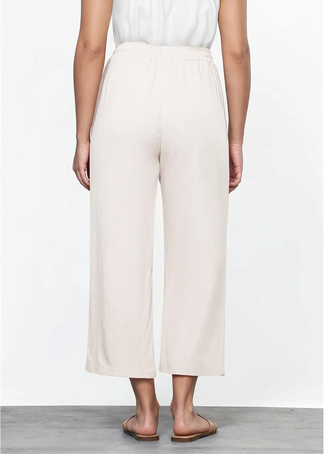 GRAPENT Linen Pants for Women High Waisted Wide Leg Capri Elastic Waist Casual Beach Flowy Cropped Summer Capris Pants