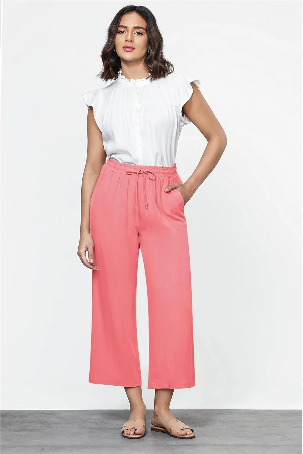 GRAPENT Linen Pants for Women High Waisted Wide Leg Capri Elastic Waist Casual Beach Flowy Cropped Summer Capris Pants