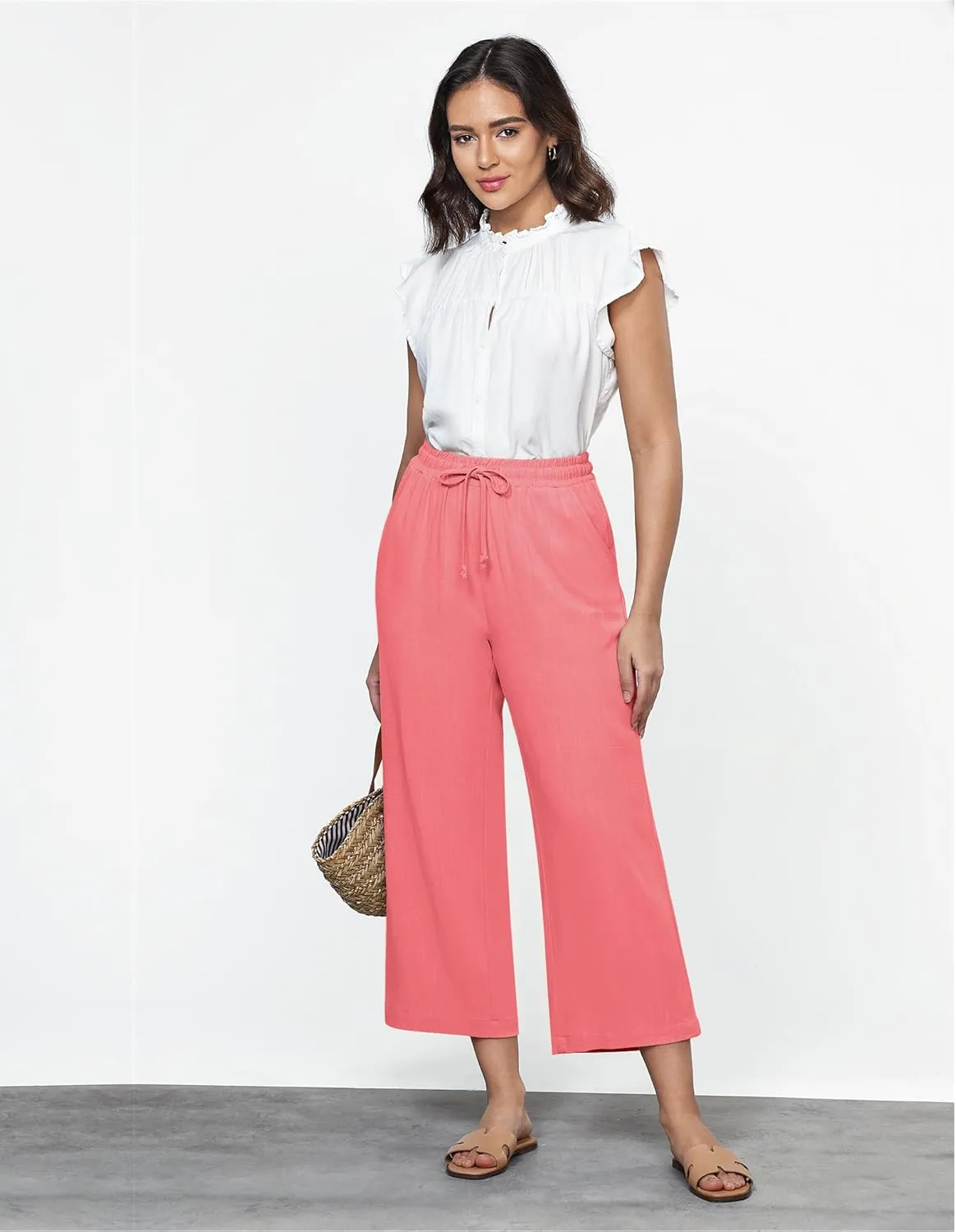 GRAPENT Linen Pants for Women High Waisted Wide Leg Capri Elastic Waist Casual Beach Flowy Cropped Summer Capris Pants