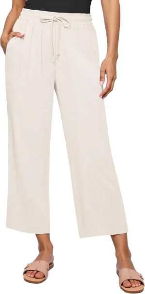 GRAPENT Linen Pants for Women High Waisted Wide Leg Capri Elastic Waist Casual Beach Flowy Cropped Summer Capris Pants