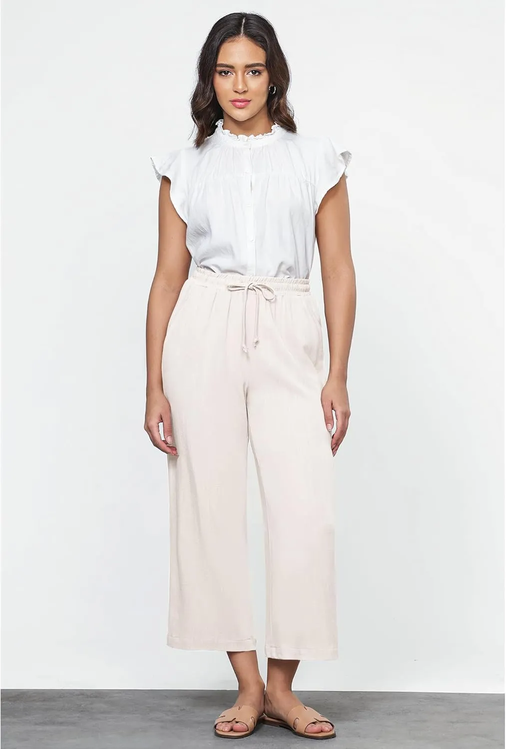 GRAPENT Linen Pants for Women High Waisted Wide Leg Capri Elastic Waist Casual Beach Flowy Cropped Summer Capris Pants