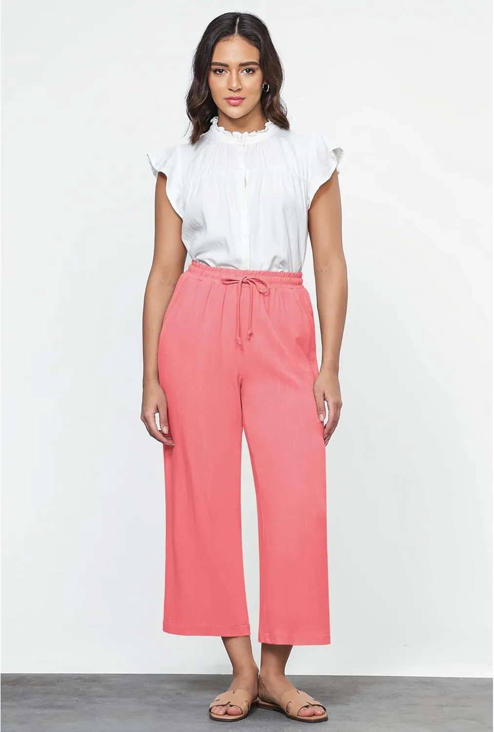 GRAPENT Linen Pants for Women High Waisted Wide Leg Capri Elastic Waist Casual Beach Flowy Cropped Summer Capris Pants