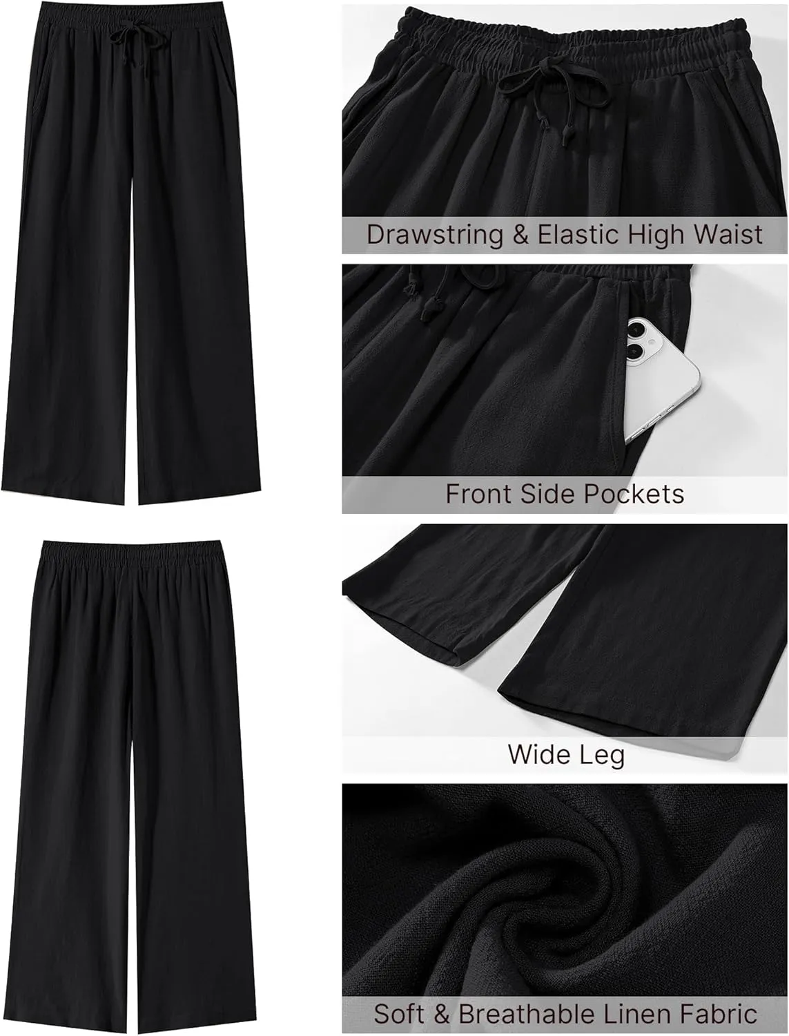 GRAPENT Linen Pants for Women High Waisted Wide Leg Capri Elastic Waist Casual Beach Flowy Cropped Summer Capris Pants