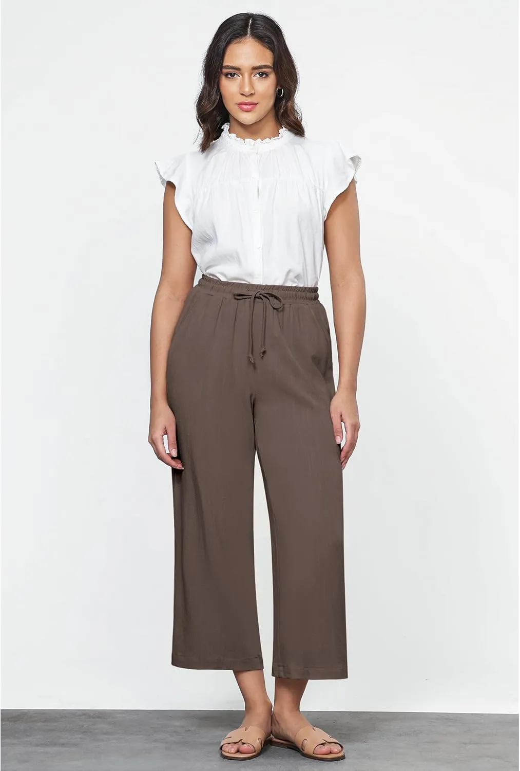 GRAPENT Linen Pants for Women High Waisted Wide Leg Capri Elastic Waist Casual Beach Flowy Cropped Summer Capris Pants
